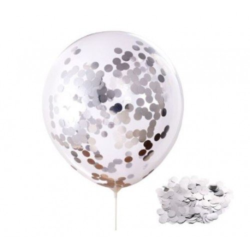 Balon transparent cu Confetti, suport, argintiu
